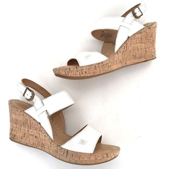 Born Shoes - Born White Leather Cork Wedge Sandals